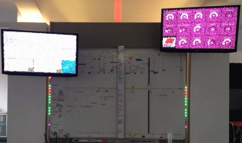 Picture of our Whiteboard with LEDs on either side displaying test results